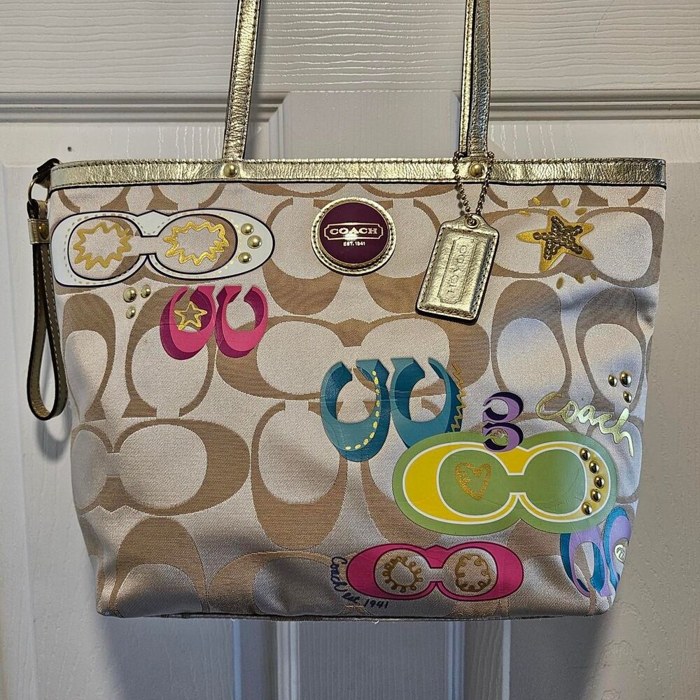 Y2K Vintage Coach Poppy Graffiti Applique Glam Tote Bag